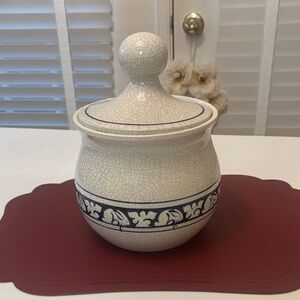 Vintage Dedham Pottery  Jar with lid in white  and blue